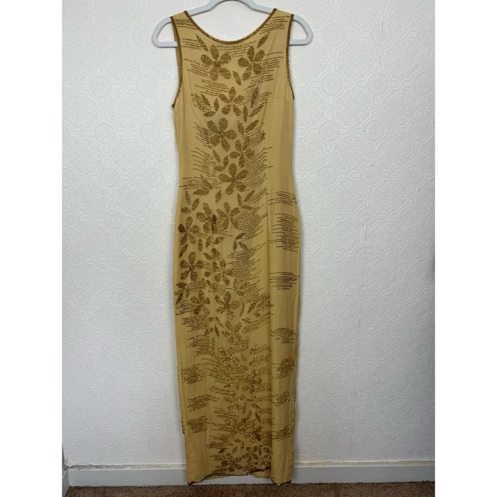 Vintage Chaudry 100% Silk Heavily Beaded Gown Evening Cocktail Flowers Yellow
